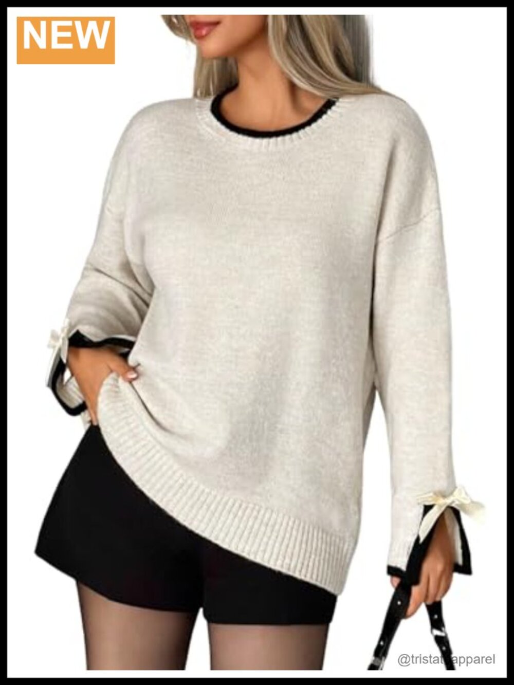 Oversized Knit Pullover Sweater Bow Slit Cuff Drop Shoulder Crew Neck